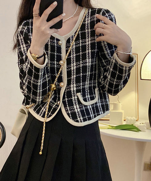 韓国風ツイードジャケット ライトアウター チェック柄ショートジャケットレディース カジュアル春秋上着 おしゃれ きれいめ 通勤服OL羽織り 着やせアウター 細見え 6QINGROU-002